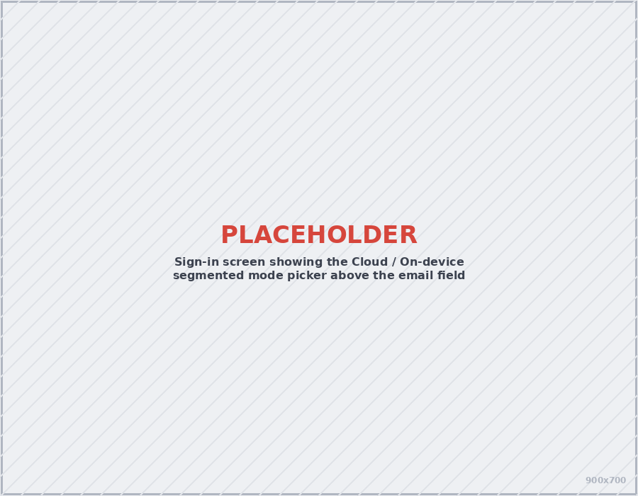 Sign-in screen with the Cloud / On-device segmented mode picker