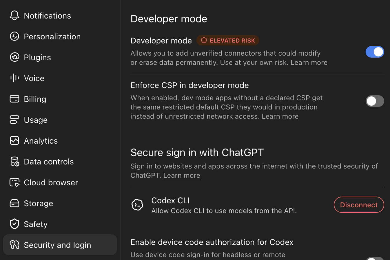 Security and login settings with Developer mode switched on