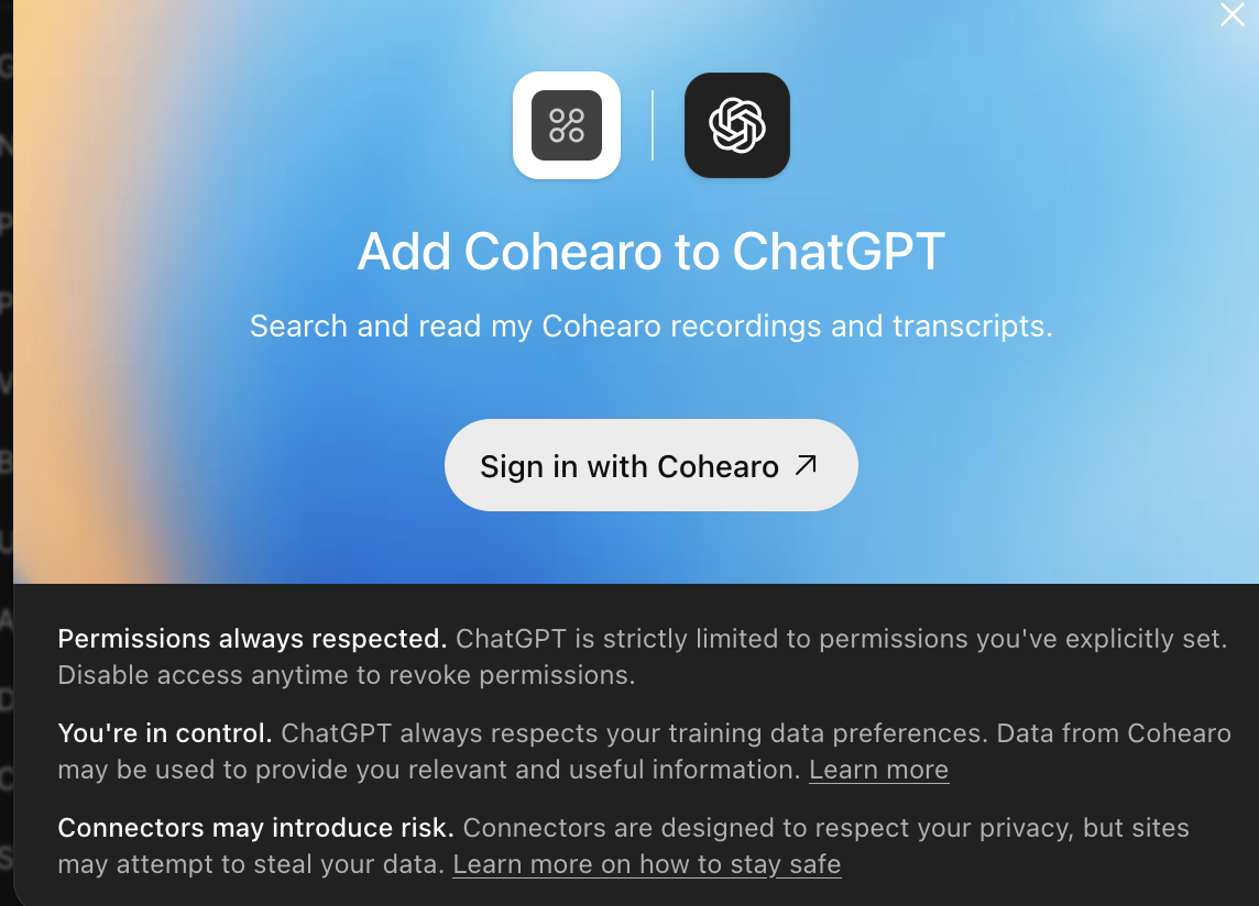 Add Cohearo to ChatGPT screen with a Sign in with Cohearo button